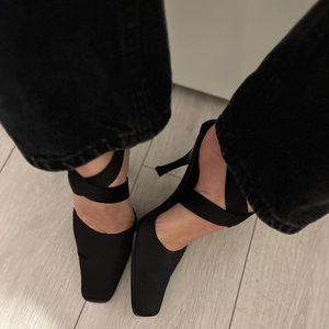 Black square toe satin heel